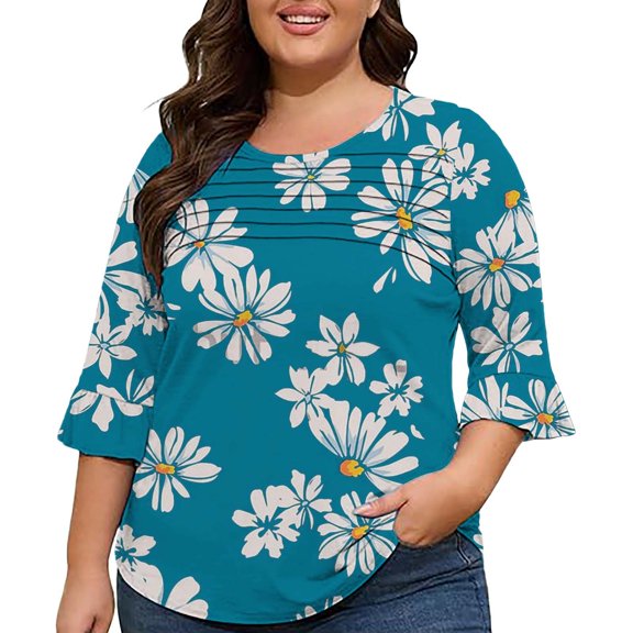 yunLCZ Womens Long Sleeve Shirts 3/4 Length Sleeve Womens Tops Casual Shirts Ruffle Bell Sleeve Front Pleated Fasion Trendy Summer Blouses Spring Summer Outfits 2448