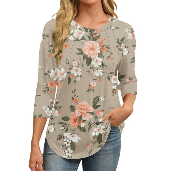 yunLCZ Womens Long Sleeve Shirts 3/4 Length Sleeve Womens Tops Round Neck Casual Tunic Tops Basic Pleated Shirts Loose Fit 2025 Womens Long Sleeve Shirts