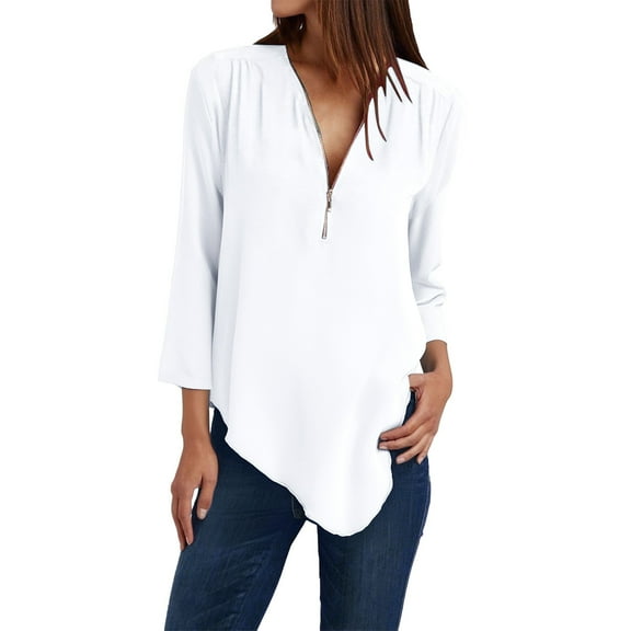 yunLCZ Womens Long Sleeve Shirts Button Women Ladies Clothing Loose Shirt Chiffon Zipper Long Sleeves Slanted Hem Plus Size Tops Going Out Fashion Clothes