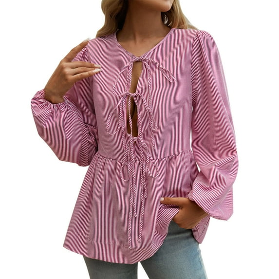 yunLCZ Womens Long Sleeve Shirts Tie Front Tops For Women Long Puff Sleeve Striped Peplum Tops Cute Casual Blouse Shirts Womens Long Sleeve Shirts