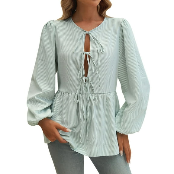 yunLCZ Womens Long Sleeve Shirts Tie Front Tops For Women Long Puff Sleeve Striped Peplum Tops Cute Casual Blouse Shirts Womens Long Sleeve Shirts