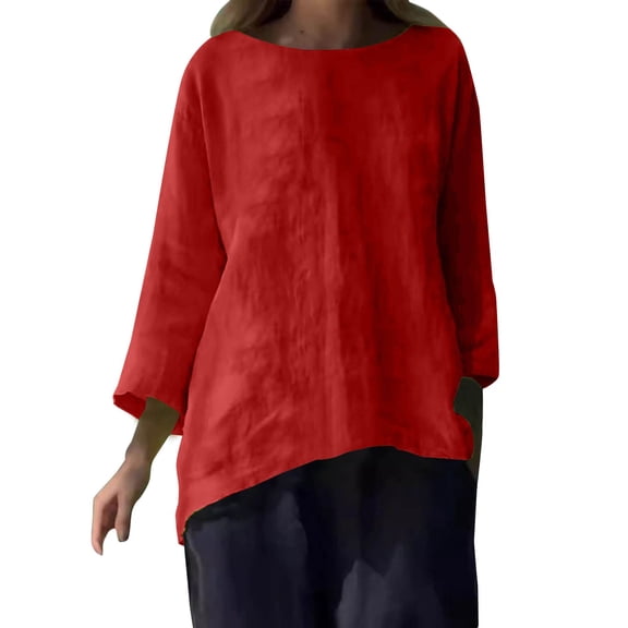 yunLCZ Womens Long Sleeve Shirts Women's 202 Nine Point Sleeve Round Neck Cotton Linen Loose Casual Versatile Shirt Top T Shirt Womens Long Sleeve Shirts