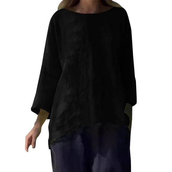yunLCZ Womens Long Sleeve Shirts Women's 202 Nine Point Sleeve Round Neck Cotton Linen Loose Casual Versatile Shirt Top T Shirt Womens Long Sleeve Shirts