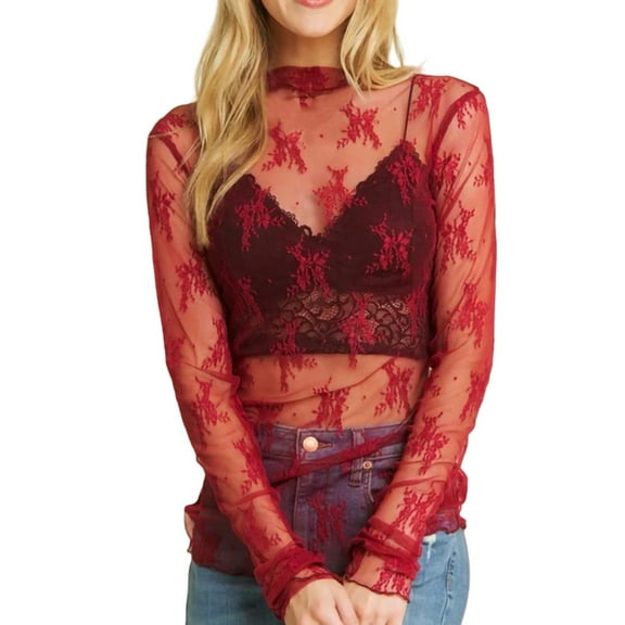 yunLCZ Womens Long Sleeve Shirts Women's 2025 Mesh Crop Top Long Sleeve Mock Neck Lace Floral See Through Y2K Shirt Blouses Womens Long Sleeve Shirts