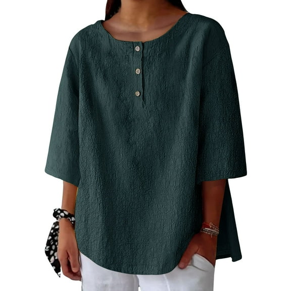 yunLCZ Womens Long Sleeve Shirts Women's 3/4 Sleeve Cotton Linen Blouses Top T Shirt Going Out Fashion Clothes