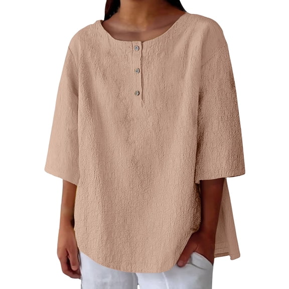 yunLCZ Womens Long Sleeve Shirts Women's 3/4 Sleeve Cotton Linen Blouses Top T Shirt Going Out Fashion Clothes