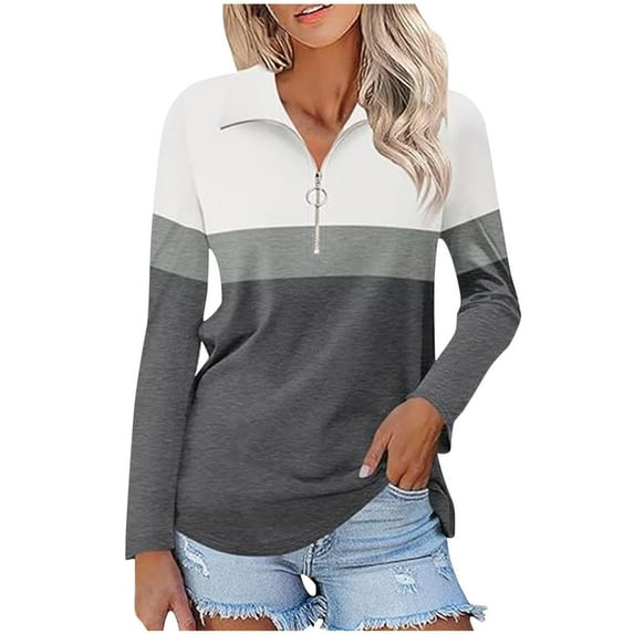 yunLCZ Womens Long Sleeve Shirts Women's 3/4 Sleeve Quarter Zip Shirts Collared V Neck Pullover Top Collared Casual Fall Tunic Color Block Blouses Spring Summer Outfits 3488