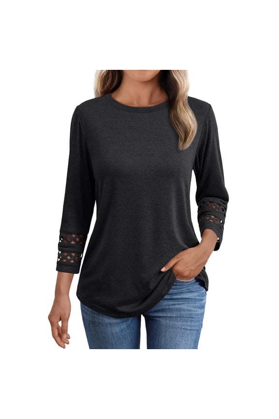 Womens Long Sleeve Shirts Women's Autumn Solid Medium Sleeve Round Neck Bubble Sleeve Loose Large Sweater Womens Long Sleeve Shirts