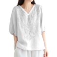 thumbnail image 1 of yunLCZ Womens Long Sleeve Shirts Women's Embroidered Top Cotton Linen Puff Short Sleeve Crewneck Boho Blouse Casual Button Down T Shirts Work Office Casual Blouse, 1 of 3