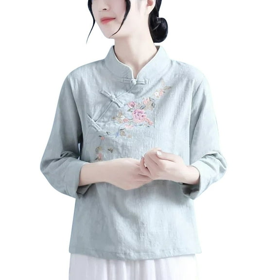 yunLCZ Womens Long Sleeve Shirts Women's Large Size Cotton And Linen Stand Up Collar Disc Buckle Embroidered Long Sleeve Literary Vintage Blouse Womens Long Sleeve Shirts