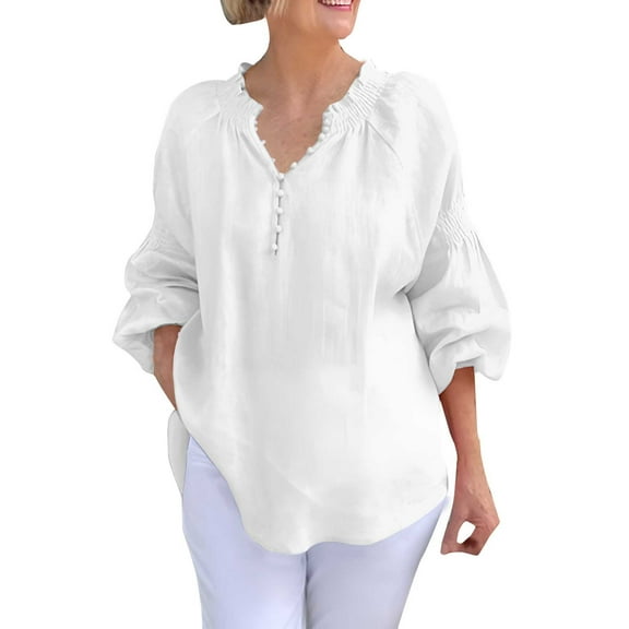 yunLCZ Womens Long Sleeve Shirts Women's Long Sleeve Solid Color Button V Neck Cotton And Linen Shirt Loose T Shirt Work Office Casual Blouse