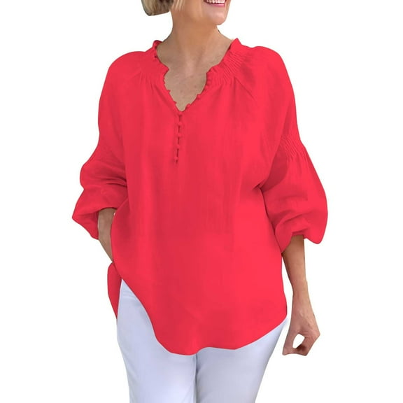 yunLCZ Womens Long Sleeve Shirts Women's Long Sleeve Solid Color Button V Neck Cotton And Linen Shirt Loose T Shirt Work Office Casual Blouse