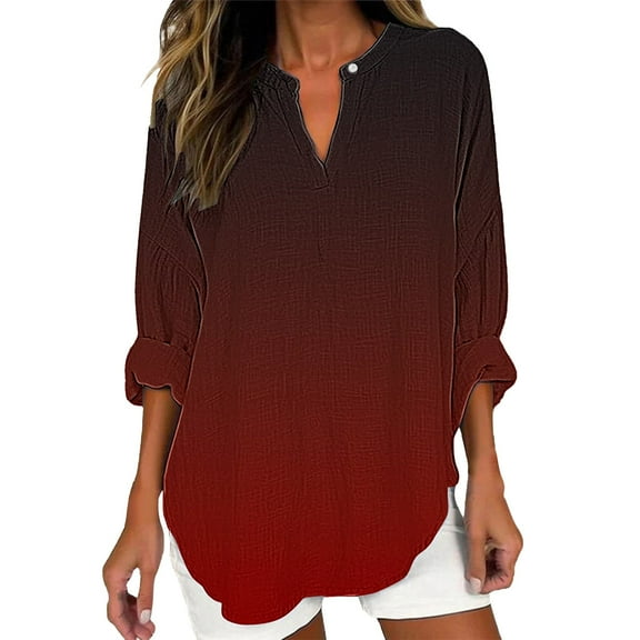 yunLCZ Womens Long Sleeve Shirts Women's Long Sleeved V Neck And Linen Shirt Casual Round Neck Retro Pattern Printed Shirt Loose Top Spring Summer Outfits 3525