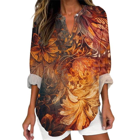 yunLCZ Womens Long Sleeve Shirts Women's Long Sleeved V Neck And Linen Shirt Casual Round Neck Retro Pattern Printed Shirt Loose Top Womens Long Sleeve Shirts