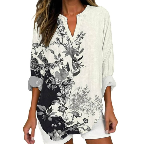 yunLCZ Womens Long Sleeve Shirts Women's Long Sleeved V Neck And Linen Shirt Casual Round Neck Retro Pattern Printed Shirt Loose Top Womens Long Sleeve Shirts