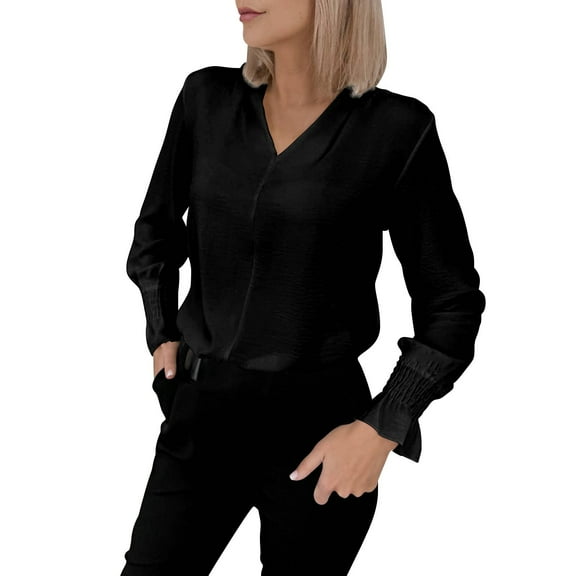 yunLCZ Womens Long Sleeve Shirts Women's Shirt Solid Color V Neck Pleated Top Elegant Shirt Going Out Fashion Clothes