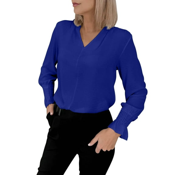 yunLCZ Womens Long Sleeve Shirts Women's Shirt Solid Color V Neck Pleated Top Elegant Shirt Going Out Fashion Clothes