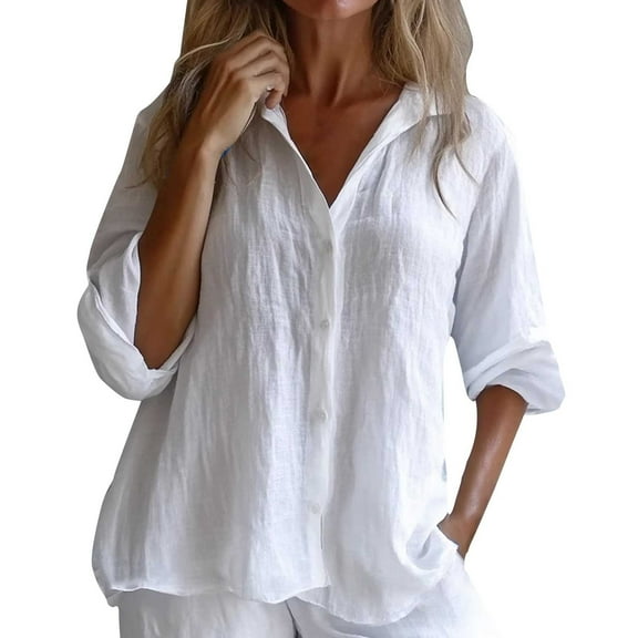 yunLCZ Womens Long Sleeve Shirts Women's Solid Color Cotton And Linen Casual Shirt Loose Long Sleeve Linen V Neck Shirt T Shirt Spring Summer Outfits 2999
