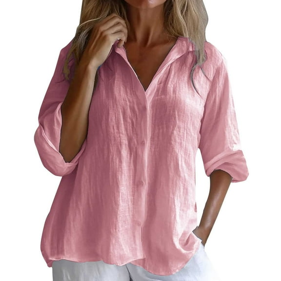 yunLCZ Womens Long Sleeve Shirts Women's Solid Color Cotton And Linen Casual Shirt Loose Long Sleeve Linen V Neck Shirt T Shirt Work Office Casual Blouse