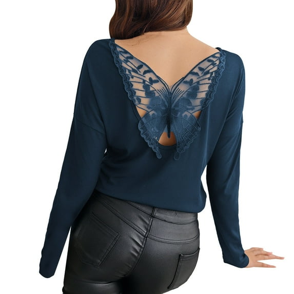 yunLCZ Womens Long Sleeve Shirts Women's Spring Solid Color Splicing Butterfly Lace Sexy Hollow Back Ribbed Long Sleeve T Shirt Going Out Fashion Clothes