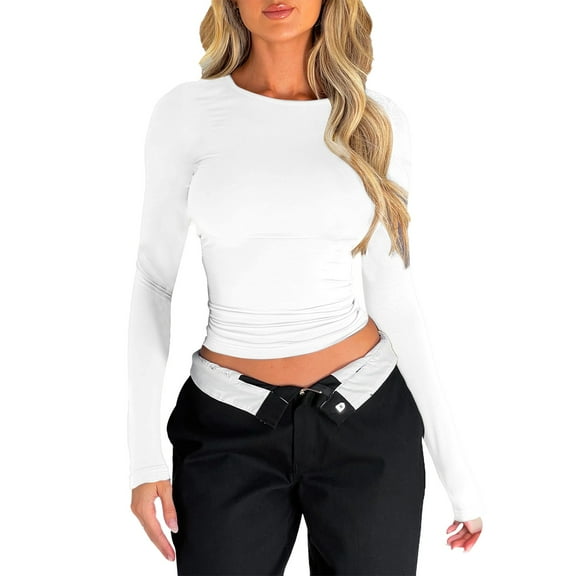 yunLCZ Womens Long Sleeve Shirts Womens Long Sleeve Shirts Basic Tees Crop Tops Going Out Spring 2025 Workout Outfits Y2k Clothes Work Office Casual Blouse
