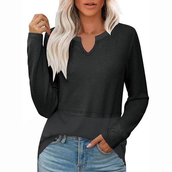 yunLCZ Womens Long Sleeve Shirts Womens Long Sleeve Shirts Casual V Neck Knitted Tops Loose Fit Pullover Fall Clothes 2024 Trendy Outfits Womens Long Sleeve Shirts