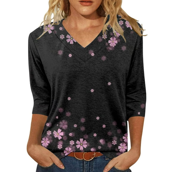 yunLCZ Womens Long Sleeve Shirts Womens Tops 3/4 Length Sleeve Summer V Neck Shirts Casual Tunic Tops 2025 Womens Long Sleeve Shirts