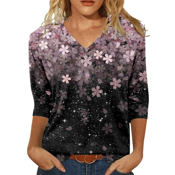 yunLCZ Womens Long Sleeve Shirts Womens Tops 3/4 Length Sleeve Summer V Neck Shirts Casual Tunic Tops 2025 Womens Long Sleeve Shirts