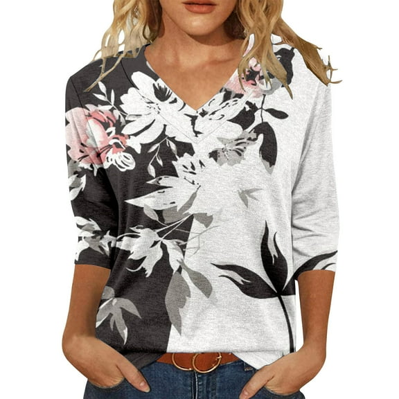 yunLCZ Womens Long Sleeve Shirts Womens Tops 3/4 Length Sleeve Summer V Neck Shirts Casual Tunic Tops 2025 Womens Long Sleeve Shirts