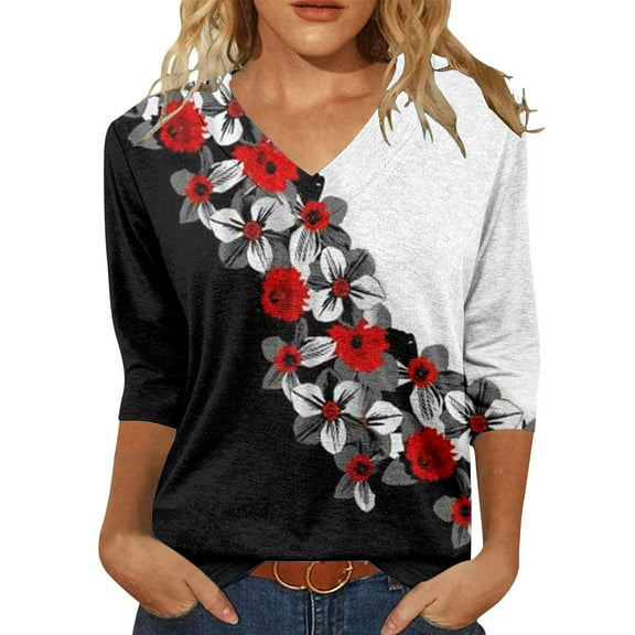 yunLCZ Womens Long Sleeve Shirts Womens Tops 3/4 Length Sleeve Summer V Neck Shirts Casual Tunic Tops 2025 Womens Long Sleeve Shirts