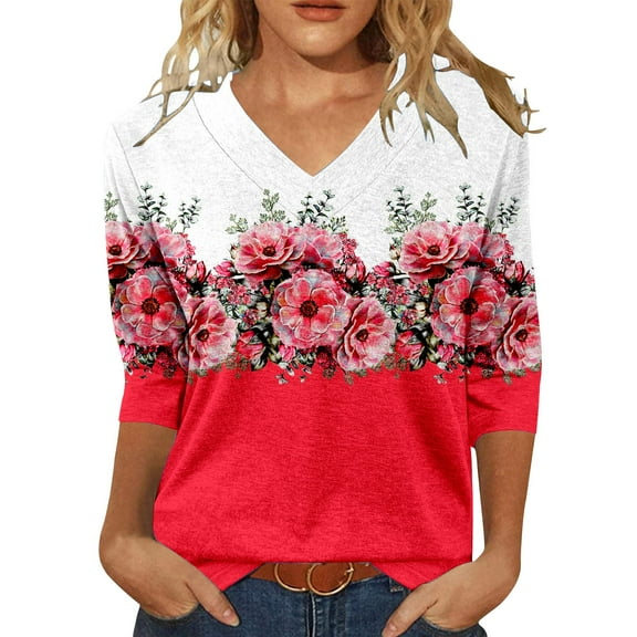 yunLCZ Womens Long Sleeve Shirts Womens Tops 3/4 Length Sleeve Summer V Neck Shirts Casual Tunic Tops 2025 Womens Long Sleeve Shirts