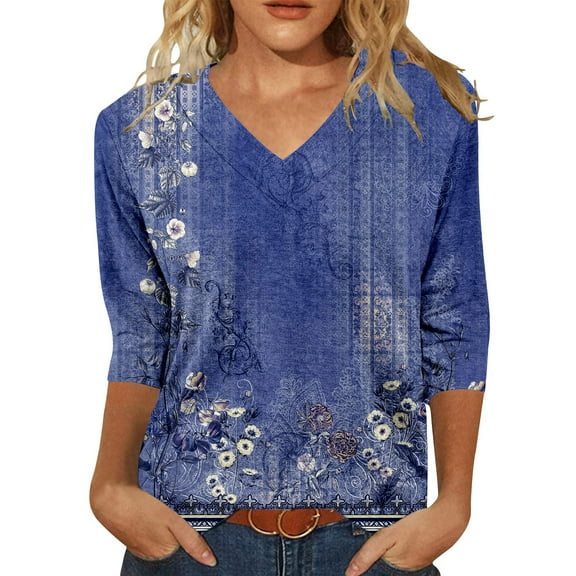 yunLCZ Womens Long Sleeve Shirts Womens Tops 3/4 Length Sleeve Summer V Neck Shirts Casual Tunic Tops 2025 Womens Long Sleeve Shirts