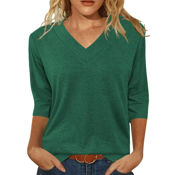 yunLCZ Womens Long Sleeve Shirts Womens Tops 3/4 Length Sleeve Summer V Neck Shirts Casual Tunic Tops 2025 Womens Long Sleeve Shirts