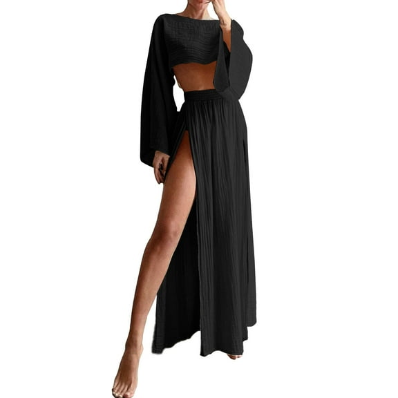 yunLCZ Womens Nightgowns Beach Coverup 2 Piece Linen Set Women Off Shoulder Top Maxi Skirt Set Vacation Summer 2025 Trendy Sleepdress