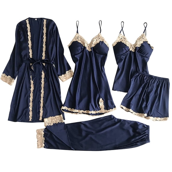 yunLCZ Womens Nightgowns Ladies Satin Pajamas Set 5 Piece Pajamas Silk Like Lace Paneled Sexy Pajamas Nightdress for women