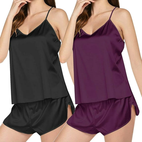 yunLCZ Womens Nightgowns Satin Women's Pajamas Set V Neck Lace Camisole Undershirt Sleeveless Shorts Women's Loungewear Sleepdress