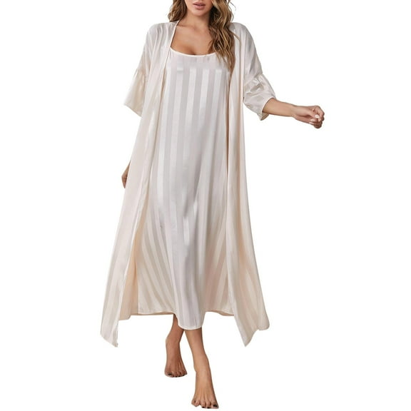 yunLCZ Womens Nightgowns Solid Color Striped Satin Robe Femmes Women Nightwear Sleepwear 2 Pcs Set Pajamas Sleepwear