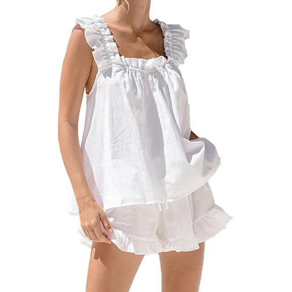 yunLCZ Womens Nightgowns Women 2 Shorts Set Ruffle Strap Tank Top Elastic Waist Wide Leg Shorts Pajama Set Pajama Dress