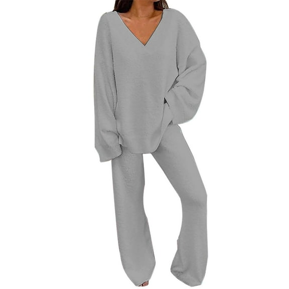 yunLCZ Womens Nightgowns Women's Fuzzy Sets 2 Piece Outfits Long Sleeve Top Wide Leg Pants Pajama Sets Nightshirt