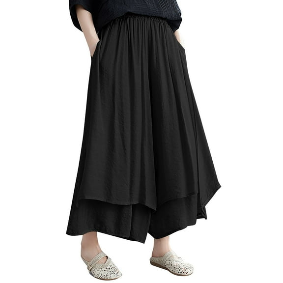 yunLXC Clearance Plus Size Pants for Women Cotton And Linen Wide Leg Pants Artistic Solid Color Cropped Pants Women's Skirt Pants plus size work pants for women Black A