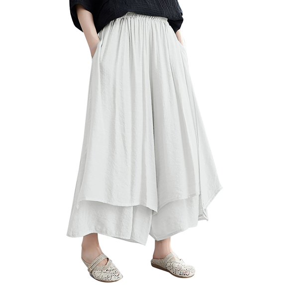 yunLXC Clearance Sale Casual Pants for Women Cotton And Linen Wide Leg Pants Artistic Solid Color Cropped Pants Women's Skirt Pants plus size work pants for women White A