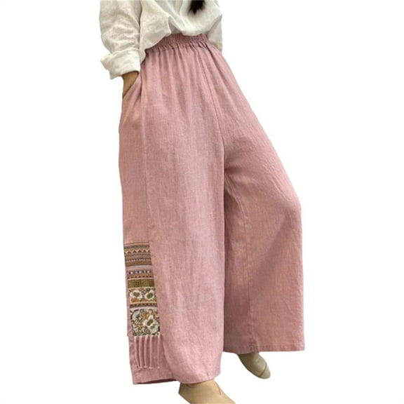 yunLXC Clothing Women's Pants Women's Boho Embroidered Linen Palazzo Pants Wide Leg Cropped Pant Casual Flowy Mid Waist Trousers Pants plus size work pants for women Pink XXXL