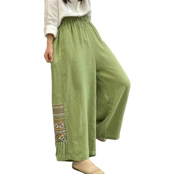 yunLXC Clothing Women's Pants Women's Boho Embroidered Linen Palazzo Pants Wide Leg Cropped Pant Casual Flowy Mid Waist Trousers Pants plus size work pants for women Green XXXL