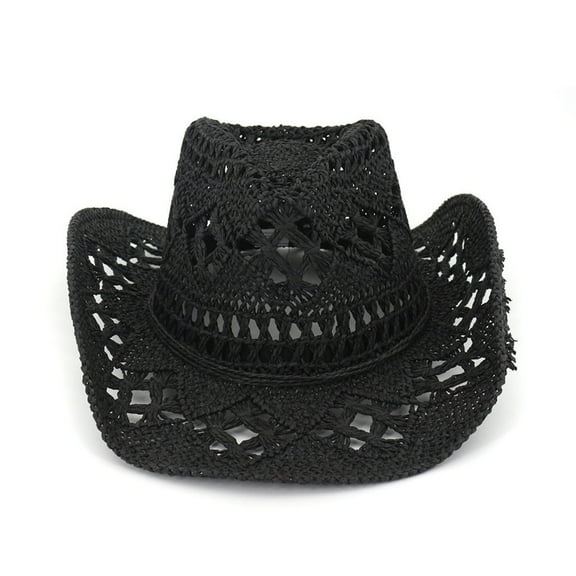yunLXY Cowboy Black Women Straw Cowboy Hats Western Cowgirl Hat for Holiday Foldable Vacation Beach Sun Hat with Wide Brim for Summer