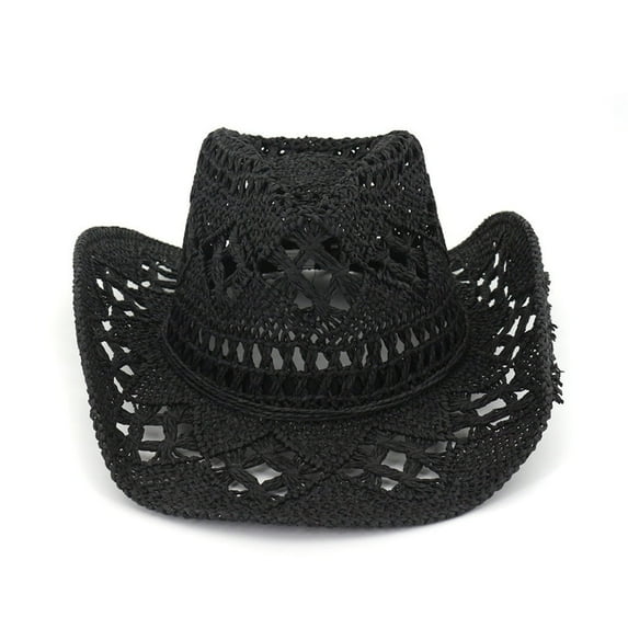 yunLXY Cowboy Black Women Straw Cowboy Hats Western Cowgirl Hat for Holiday Foldable Vacation Beach Sun Hat with Wide Brim for Summer