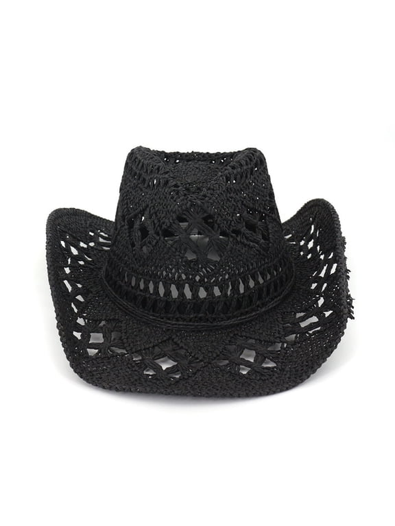 Cowboy Black Women Straw Cowboy Hats Western Cowgirl Hat for Holiday Foldable Vacation Beach Sun Hat with Wide Brim for Summer
