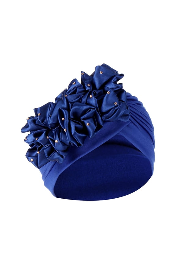 yunLXY Hijab Cap for Women Blue Muslim hat Women Solid Beading India Hat Ruffle Cancer Chemo Hat Beanie Wrap Cap One Size 1PC