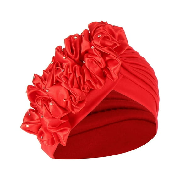 yunLXY Hijab Cap for Women Red Muslim hat Women Solid Beading India Hat Ruffle Cancer Chemo Hat Beanie Wrap Cap One Size 1PC