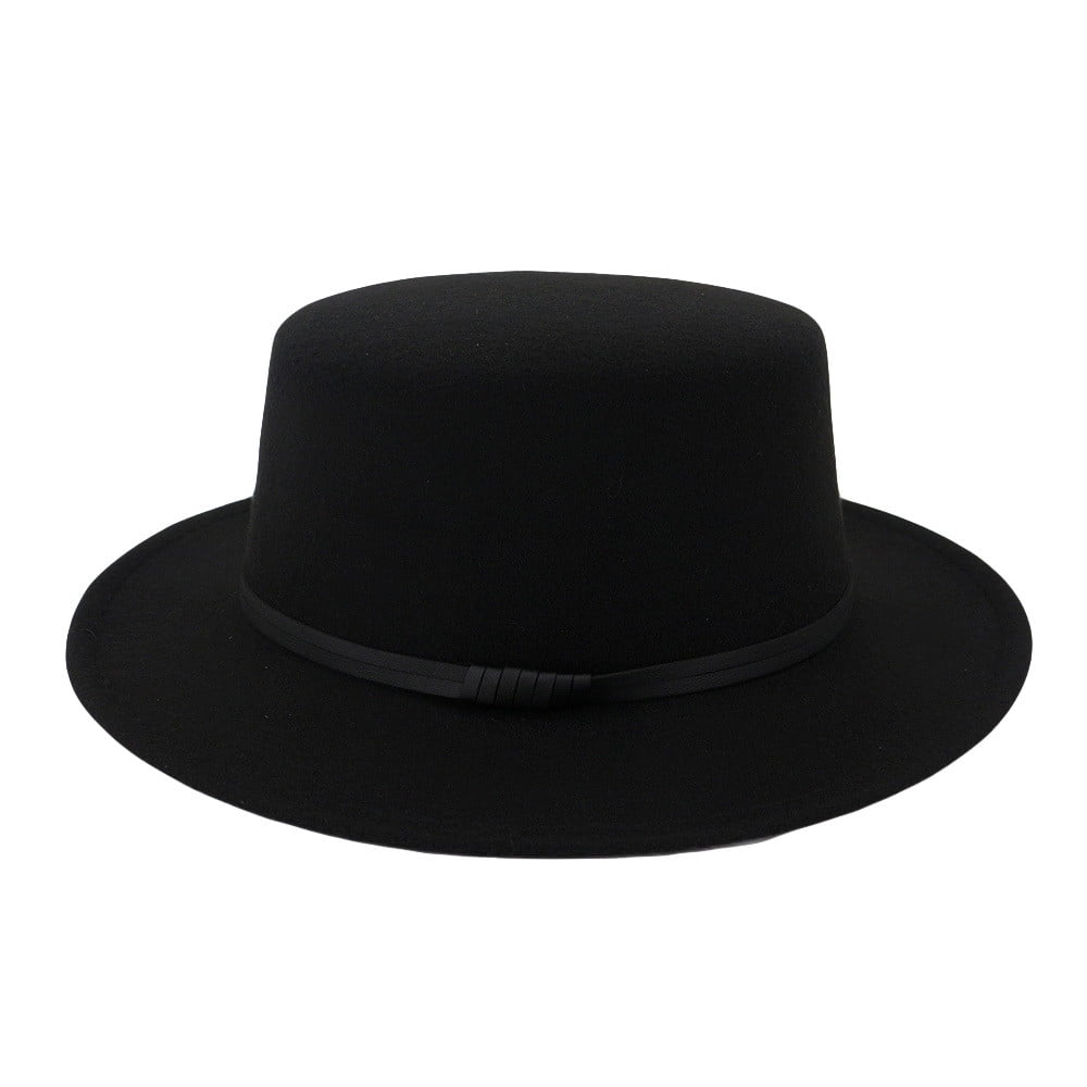 yunLXY Hat Black Unisex Wide Brim Wool Belt Felt Flat Top Fedora
