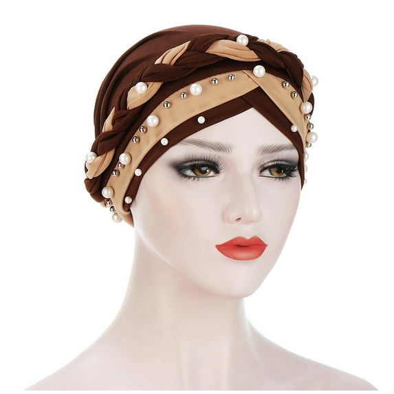 yunLXY On Sale Hijab for Women Under $5 Women Muslim Baotou Hat Milk Silk Two-color Nail Beads Braid Turban Hat